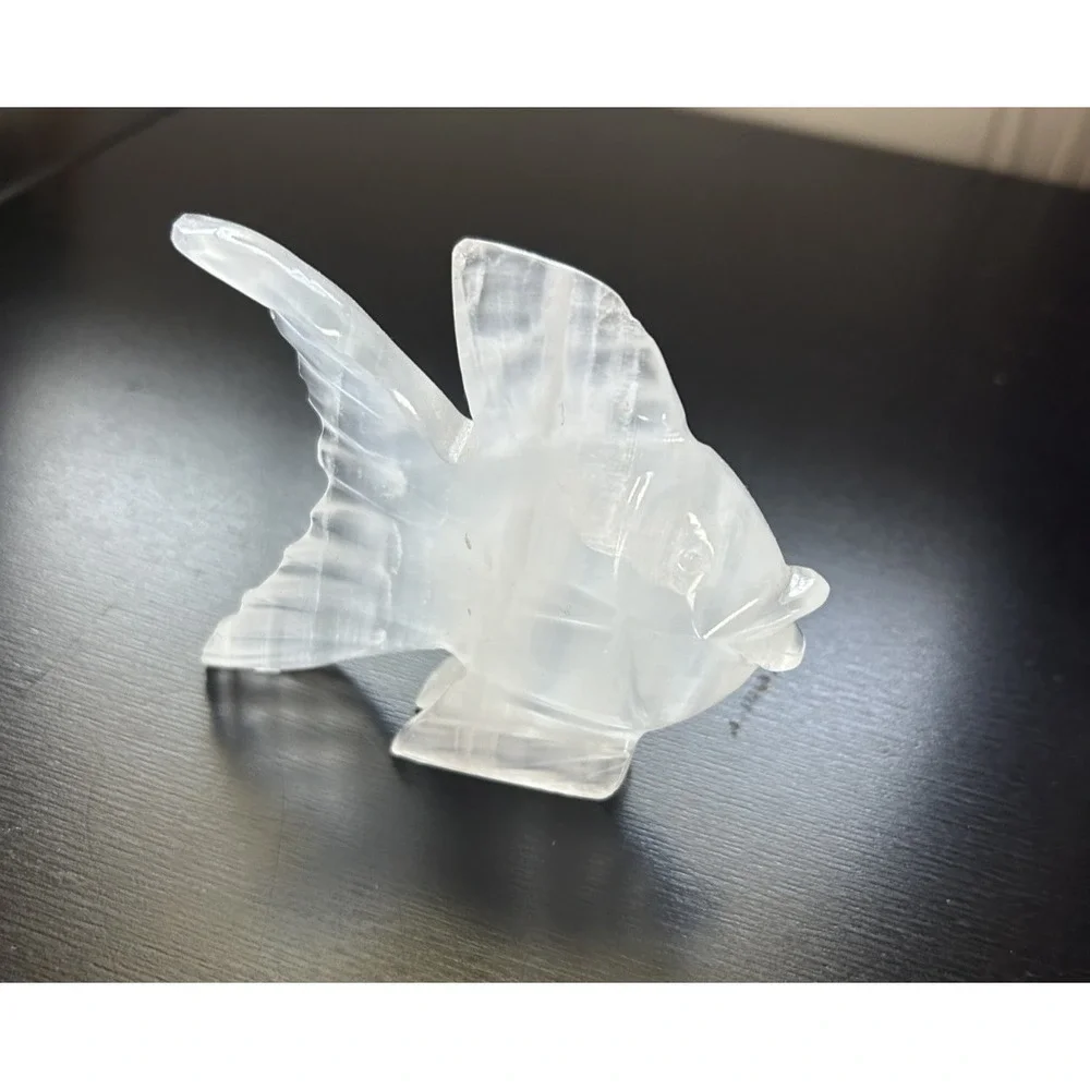 Natural White Onyx Marble Carved Angel Fish Figurine Home Decor Vintage